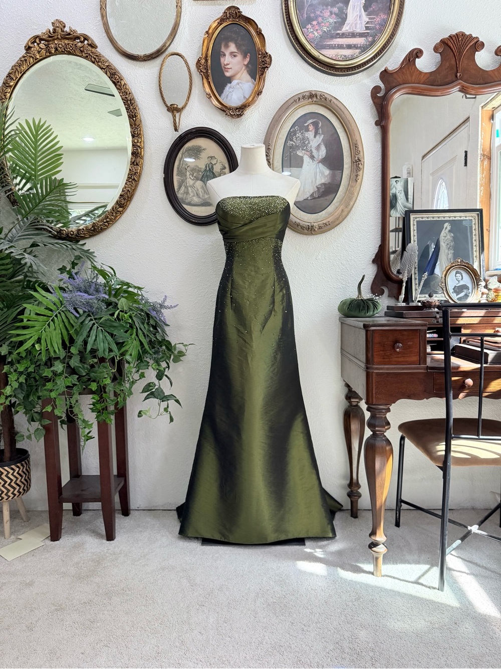 Strapless Olive Green Evening Gown
